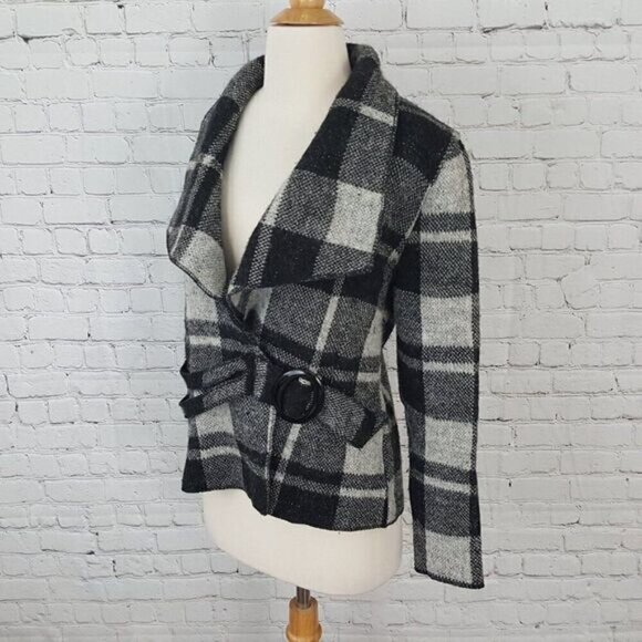 Black White Plaid Gray Belted Short Shawl Collar Jacket S - Picture 1 of 5